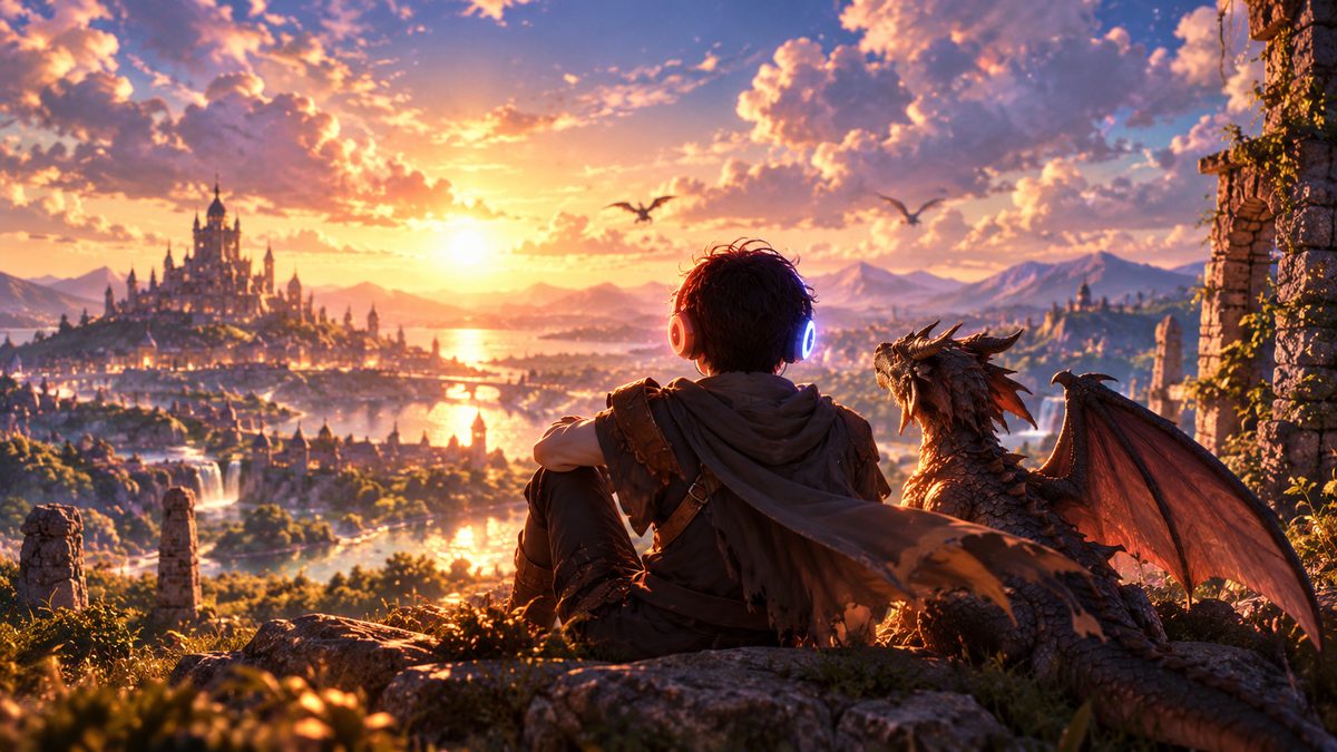 An anime hero and a dragon watching a sunset, seen by a listener in MoHeat Evo headphones
