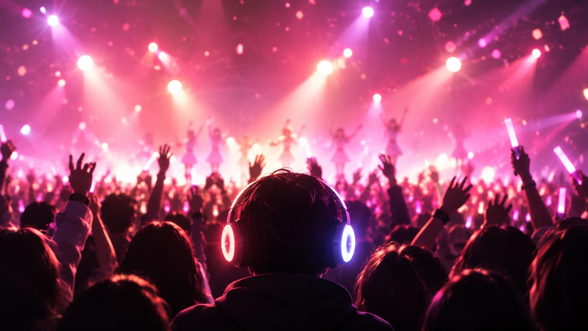 A cheering crowd at a concert wearing glowing MoHeat Evo headphones
