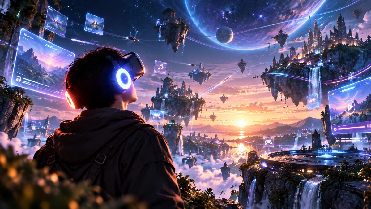 A VR user wearing MoHeat Evo headphones in a floating sci-fi world