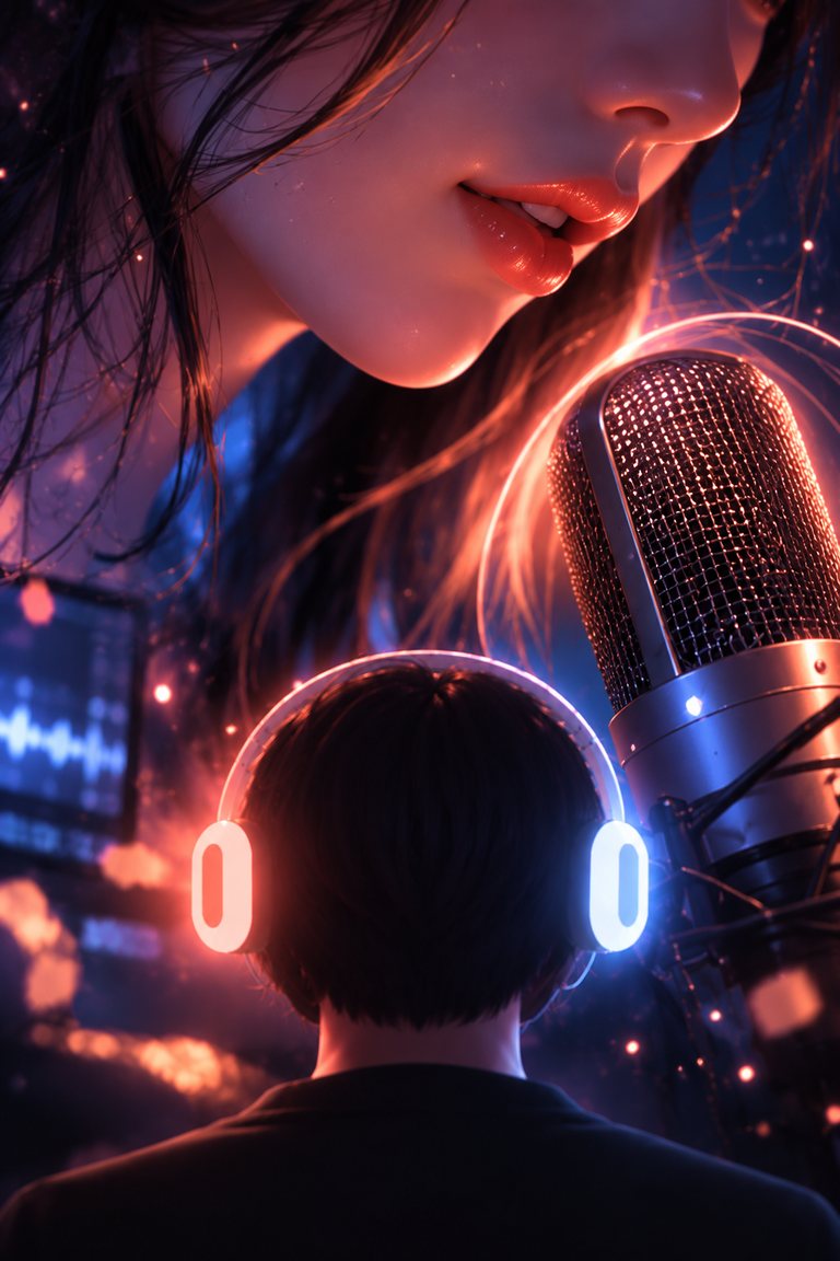 An ASMR artist whispering into a studio microphone beside a listener wearing glowing MoHeat Evo headphones