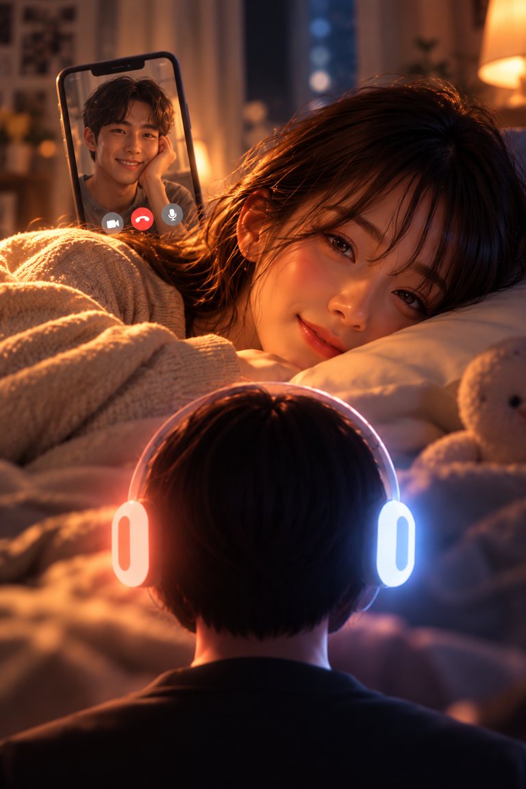 A video call with a partner at night, seen by a listener wearing glowing MoHeat Evo headphones