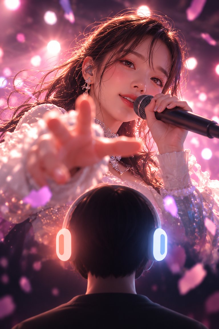 A singer on stage reaching toward a listener wearing glowing MoHeat Evo headphones