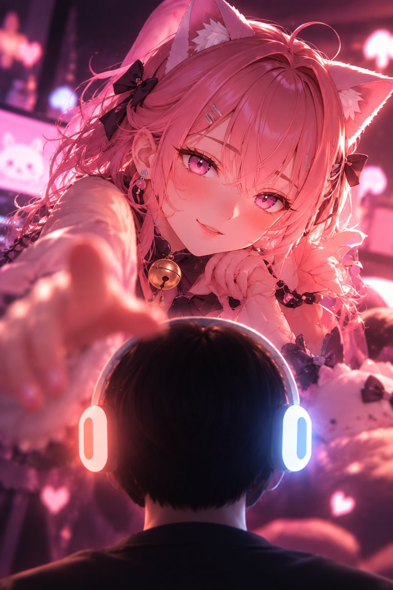 An anime cat-girl character reaching toward a listener wearing glowing MoHeat Evo headphones
